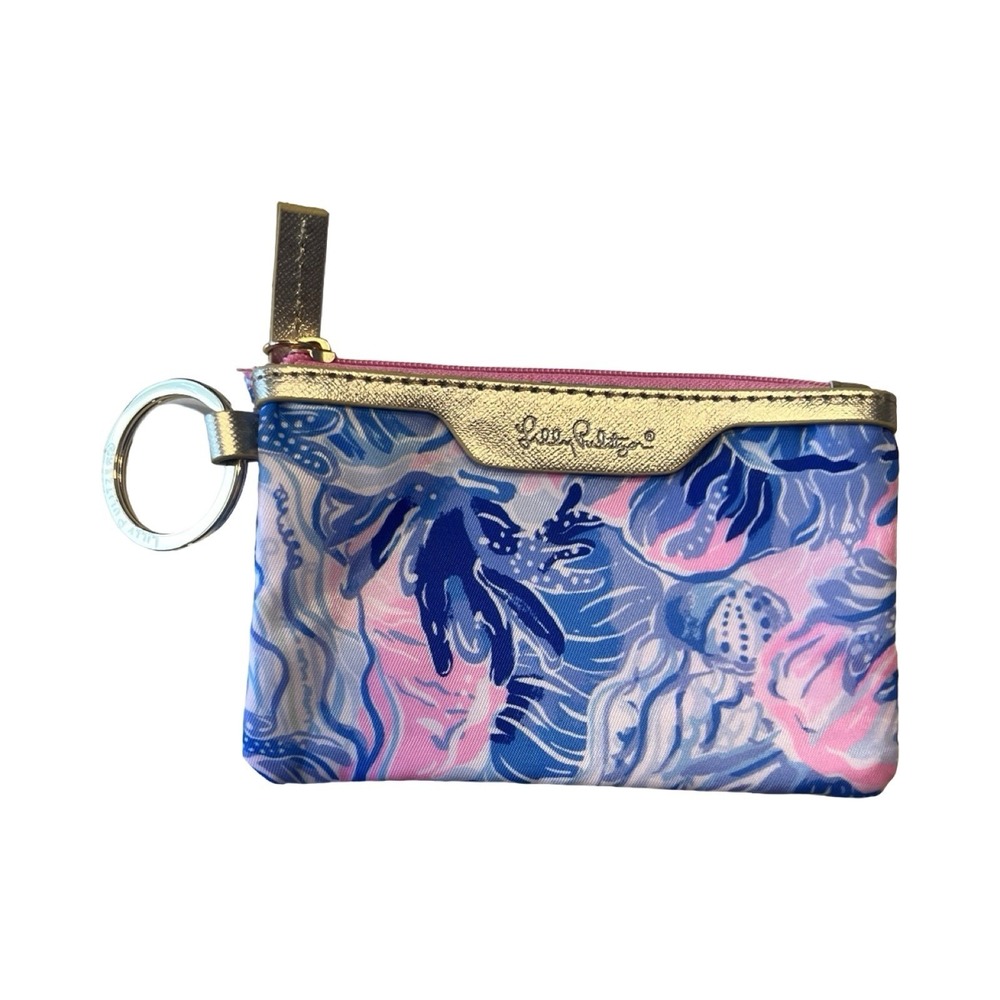 Lilly Pulitzer ID‎ Case Keychain Wallet Blue Pink Tropical Sea Life Gold Trim